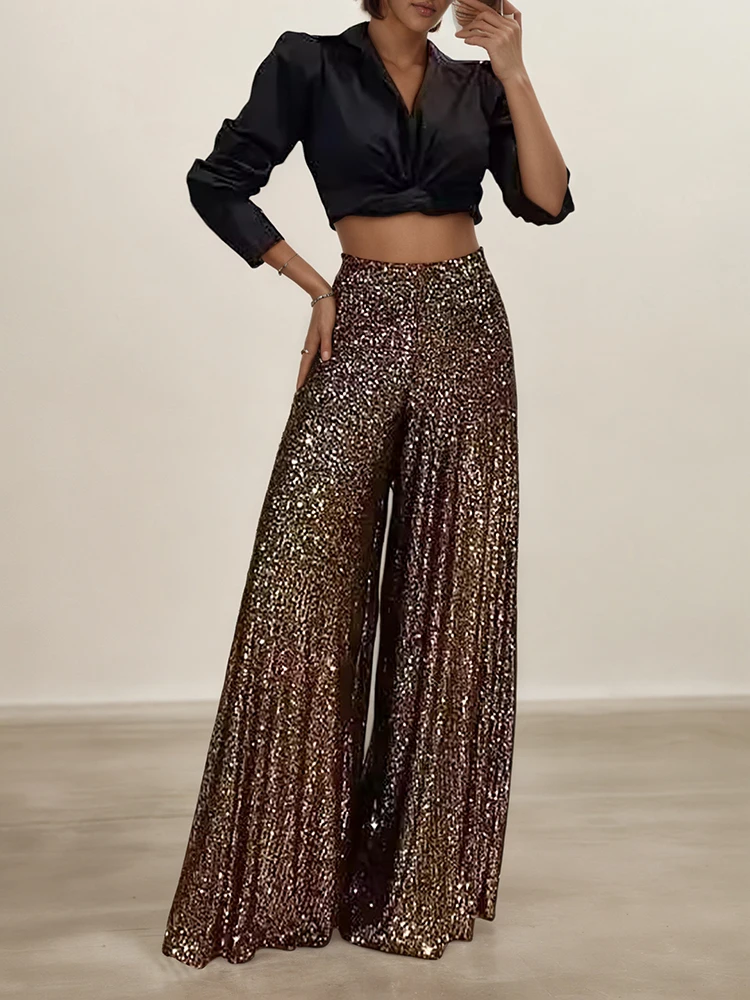 Elegant Golden Thread Women's Wide Leg Pants High Waisted Sparkle Trousers Glamorous Party Clubwear Shiny Evening Fashion Bottom