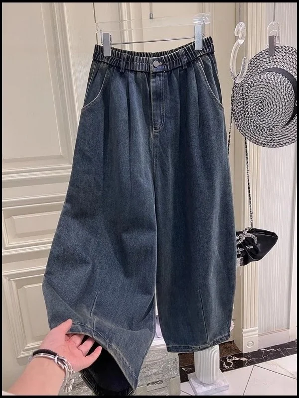 

Мужские джинсы свободного кроя из денима, широкие штанины, укороченные (до щиколотки), на резинке, для весны и осени, повседневные брюки большого размера