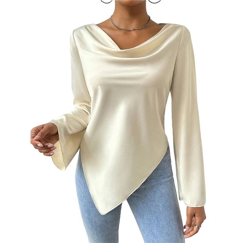 AOAO-chemises à col bénitier pour femmes, vêtements d'enseignant à manches longues, bureau, affaires, chemisier décontracté habillé