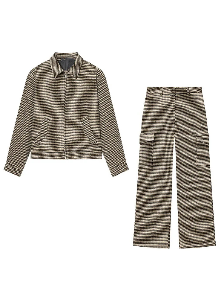 

HH Women's Spring 2-Piece Suit Fashion Versatile Lapel Houndstooth Shoulder Pad Bomber Jacket+High Street Casual Work Long Pants