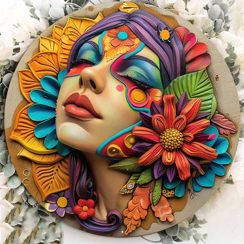 1pc 8x8inch Aluminum Metal Sign Circular Metal Plaque Decoration An Artistic Statue Of A Woman With A Colorful Woman On Her Face