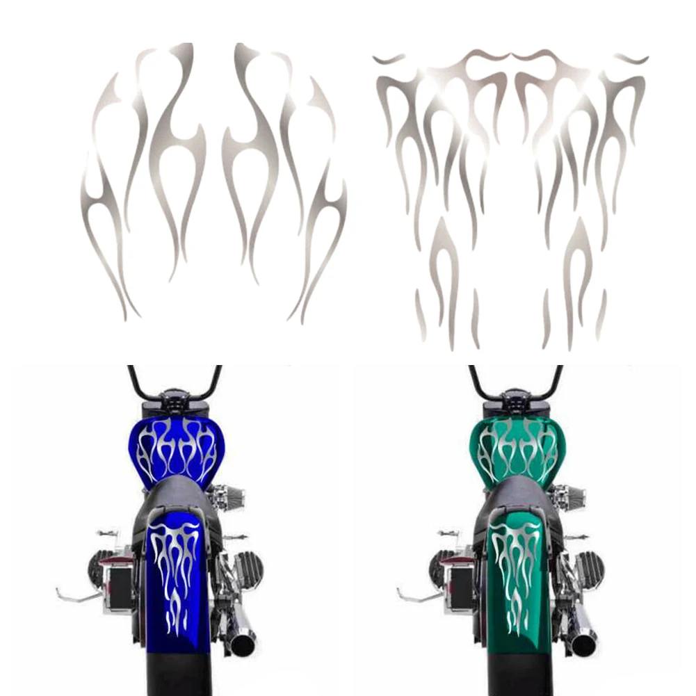 Motorcycle Flame Decals in Matte Silver Tone for Gas Tank and Mudguard Customization with Consistent Visual Alignment