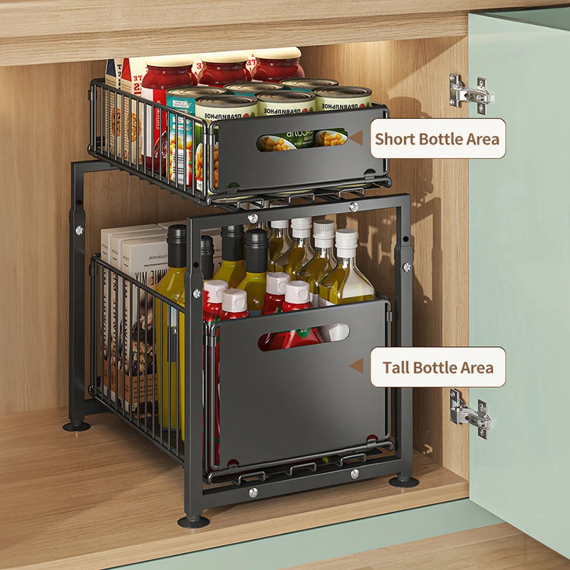 

Adjustable Height Household Cabinet Basket, Double Drawers, Sliding Sink Storage Rack, Space Saving Kitchen Storage Rack
