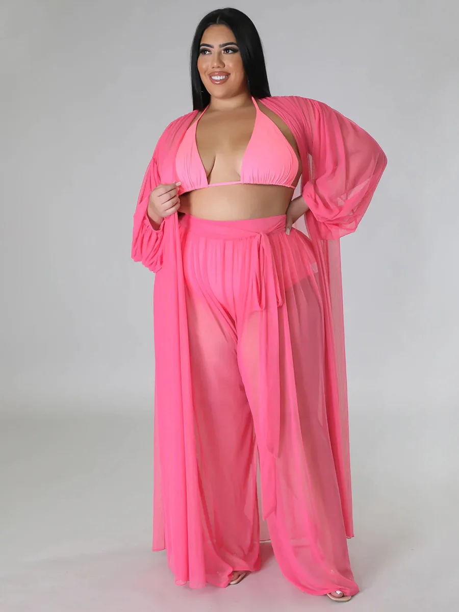 Plus Size Loose Sheer Mesh Two Piece Set Summer Women Clothes Beach Style Long Sleeve Cardigan Cover-ups Pants 2 Pieces Set 2023