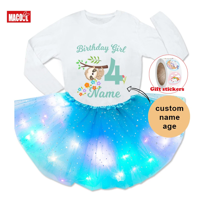 

Sloth T Shirt Birthday Girls Dress Set Girl Kids Dress Set 3PC Kids Long Sleeved T-shirt+Stars Shine Skirt+Children's Stickerss