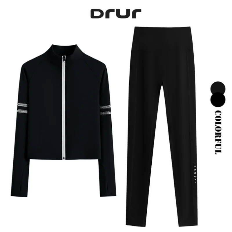 Drur conjunto de treino de duas peças feminino bodycon agasalho manga longa jaqueta de corrida combinando calças jogger ginásio roupas de fitness
