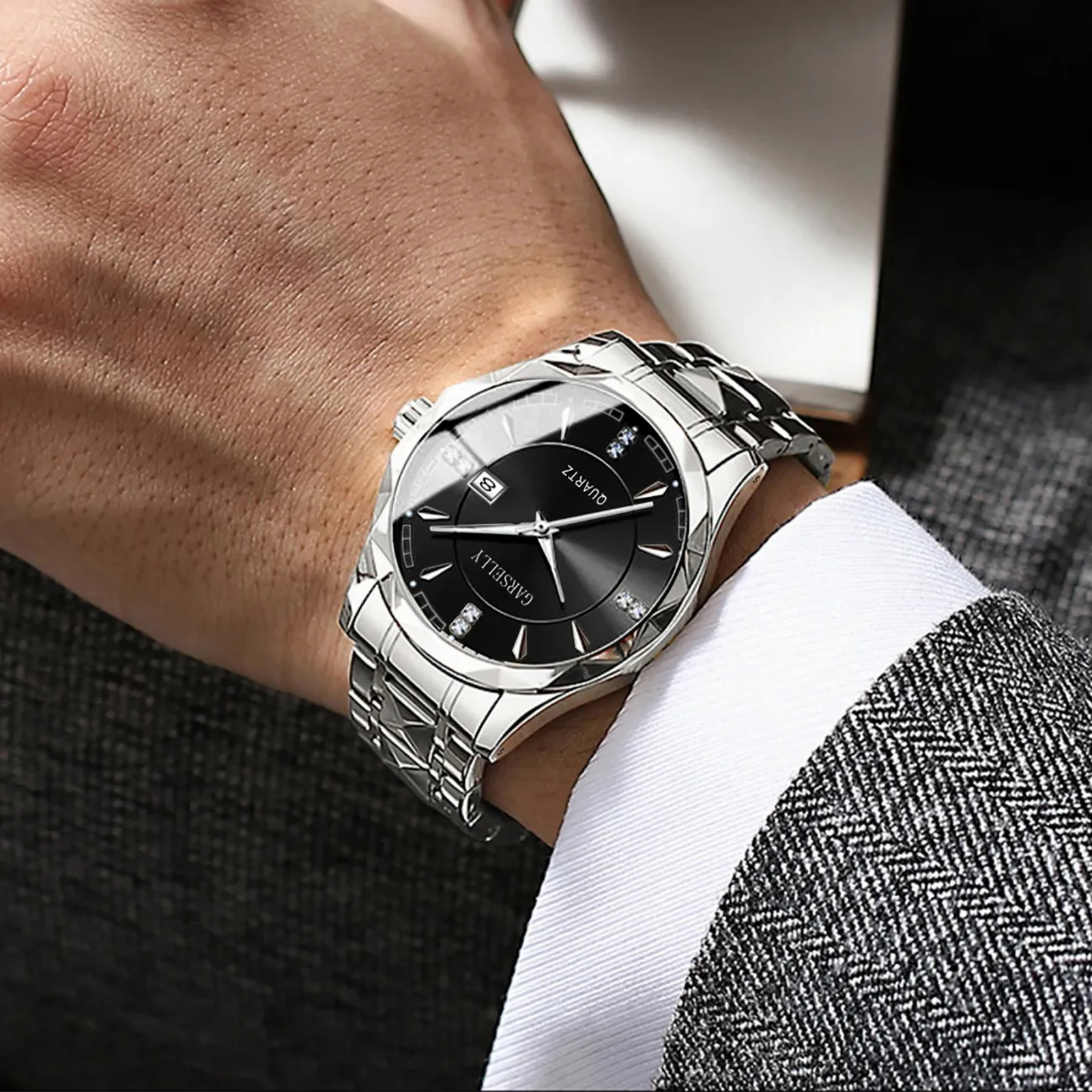 가셀리 비즈니스 고급 남성용 손목시계 날짜 요일 방수 야광 남성 시계 스테인리스 스틸 패션 쿼츠 시계