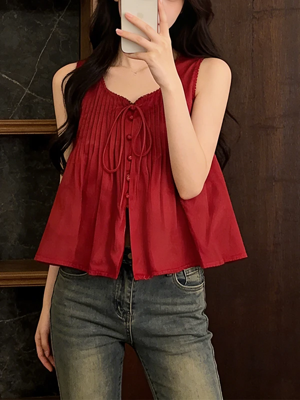 

Красный женский жилет в корейском стиле больших размеров, без рукавов, с V-образным вырезом, летний, модный, с декоративными складками, универсальный, свободного кроя, для ношения под одеждой