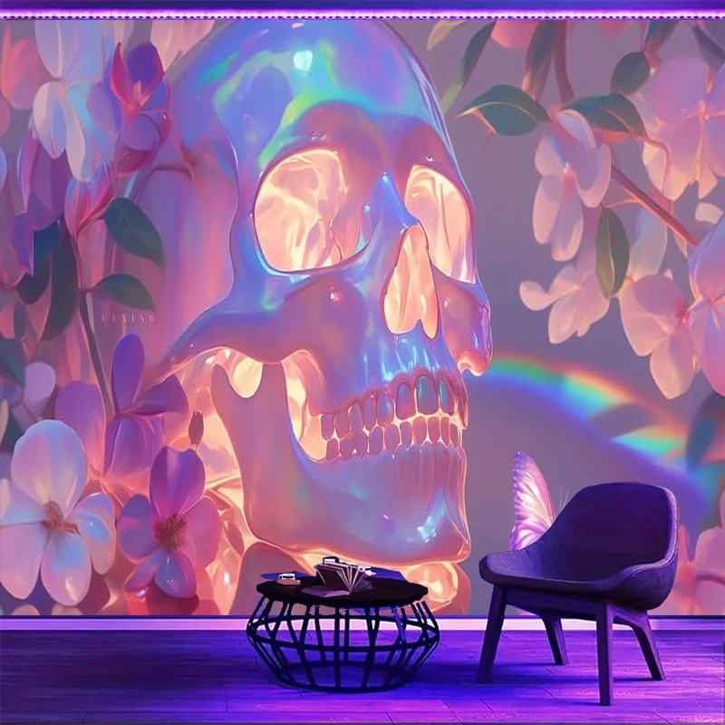 1PC Holographic Skull Art Print Backdrop Banner, Bedroom Living Room Photo Background, Polyester, Home Decor, Wall Art