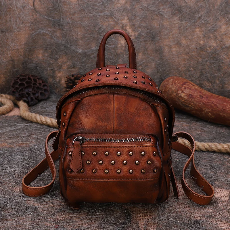 Vintage New High Quality Vegetable Tanned Head Layer Cowhide Mini Backpack European And American Personalized Casual Women's Bag