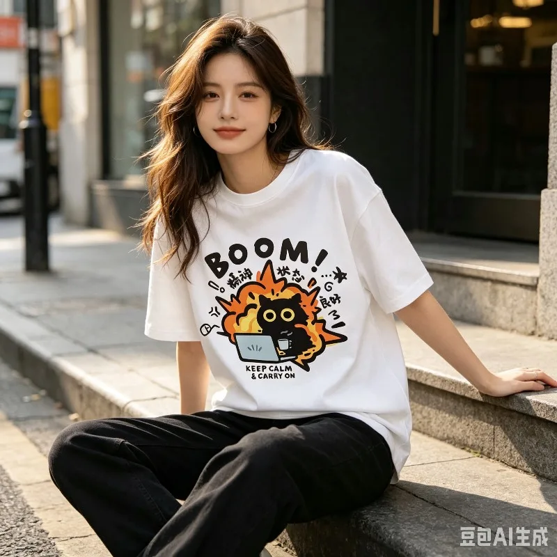 BOOM Cat Laptop Print Women T-Shirt, Keep Calm & Carry On Funny Cat Graphic Tee, Casual Short SleeveShirt for Streetwear