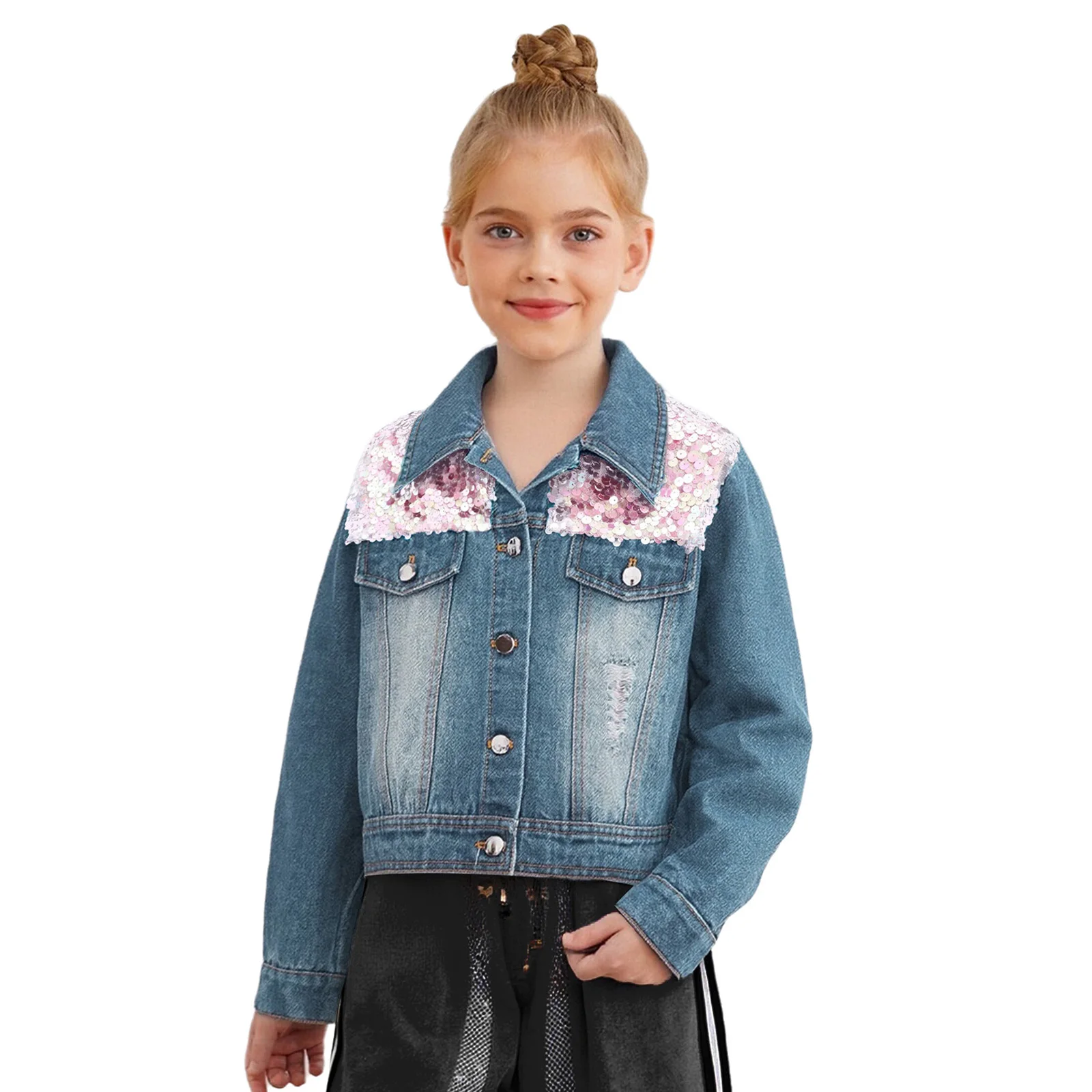 

Детская джинсовая куртка для девочек, пальто с отложным воротником, длинными рукавами и пуговицами, рваное пальто с блестками, верхняя одежда с искусственными карманами