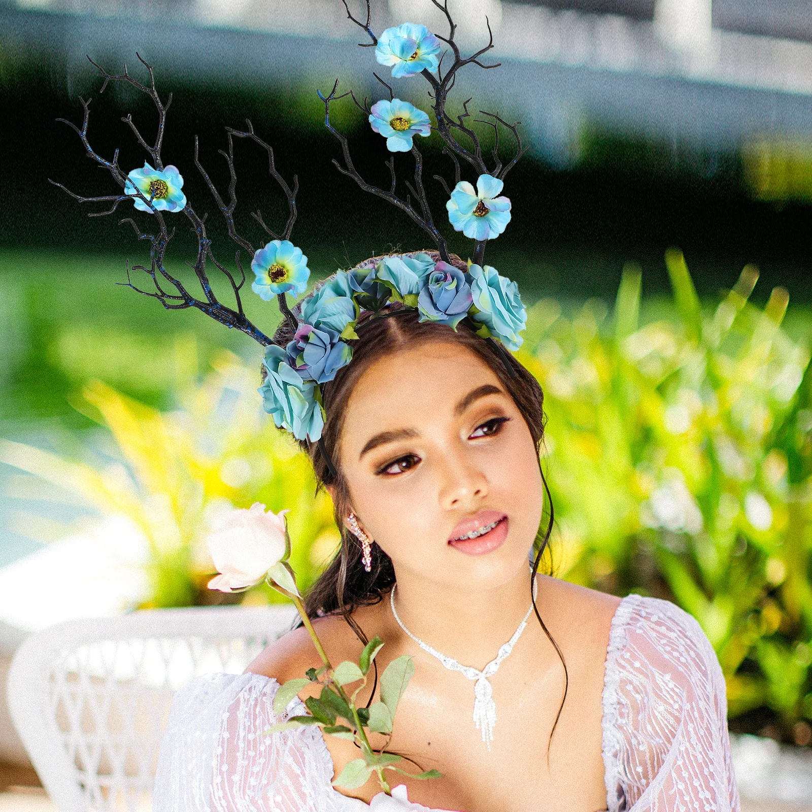 Diadema de rama de flor Artificial, simulación de tallos falsos, accesorio fotográfico ligero y cómodo, disfraz de mascarada