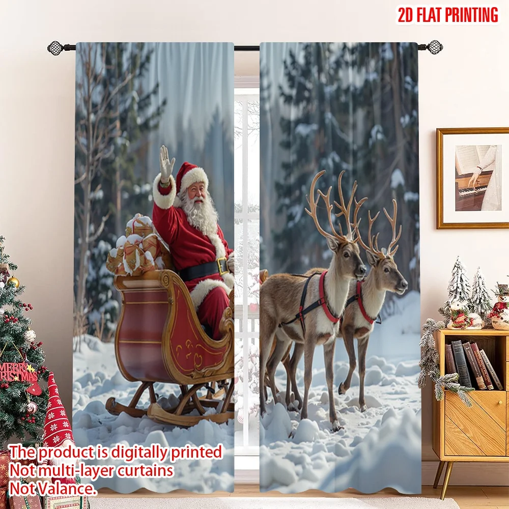 

2pcs 2D flat printing Merry Christmas Popular Curtain Santa Sleigh Reindeer Snow Polyester Without Electricity Birthday Party