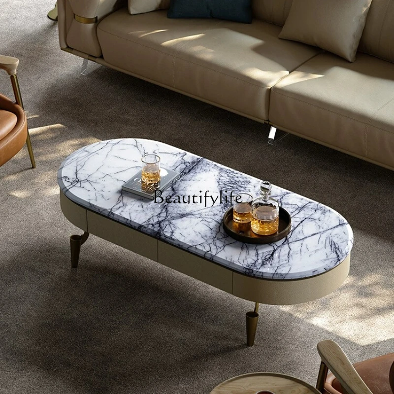 Modern Light Luxury Coffee Table Living Room Pure Natural Marble Oval Coffee Table