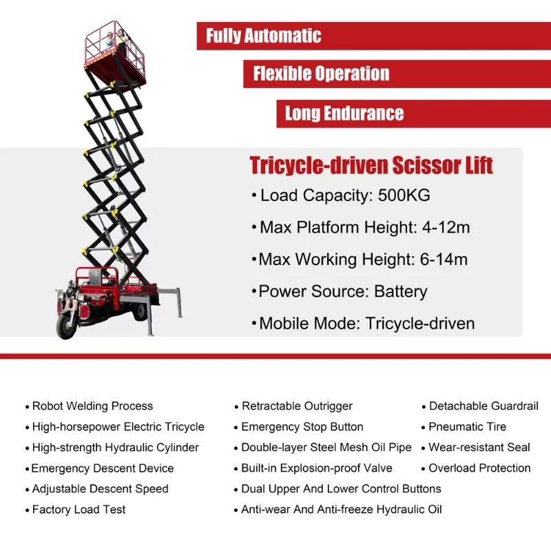 4/6/8/10/12m 500kg heavy-duty mobile electro-hydraulic tricycle drive scissor lift aerial work scissor lift platform