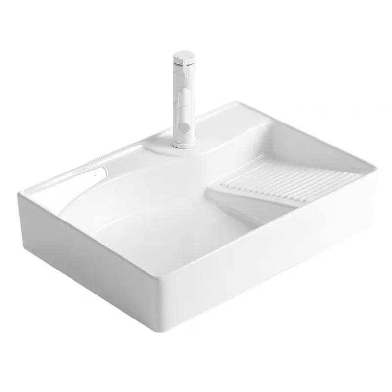 

Household Balcony Ceramic Integrated Laundry Basin with Washboard Sink Side Row on Laundry Desk