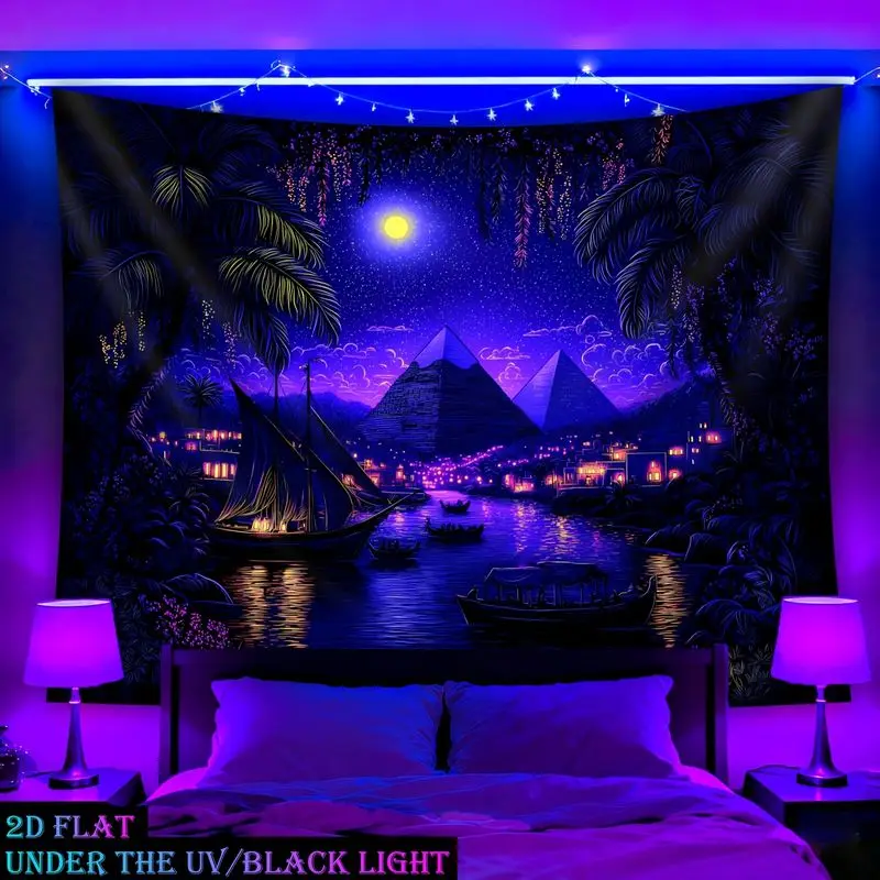 VIKAMA Egyptian Pyramid Tapestry Nile River Felucca Boat Palm Desert Moon Purple Night Oriental Wall Hanging Home Decor