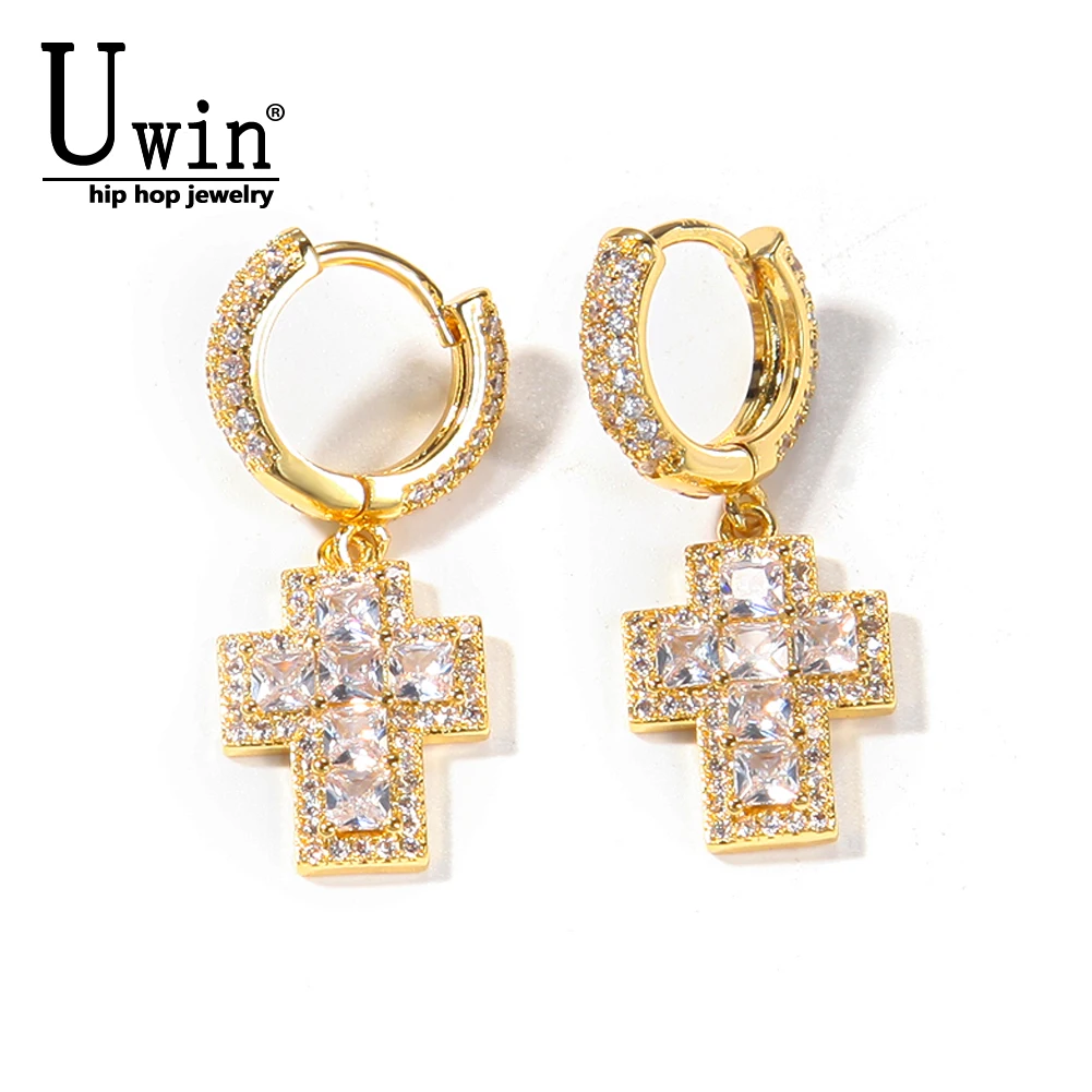 Uwin Cross Earrings Setting Iced Out Baguette Zircionia Earrings For Women Men Fashion Charm Hip Hop Jewelry