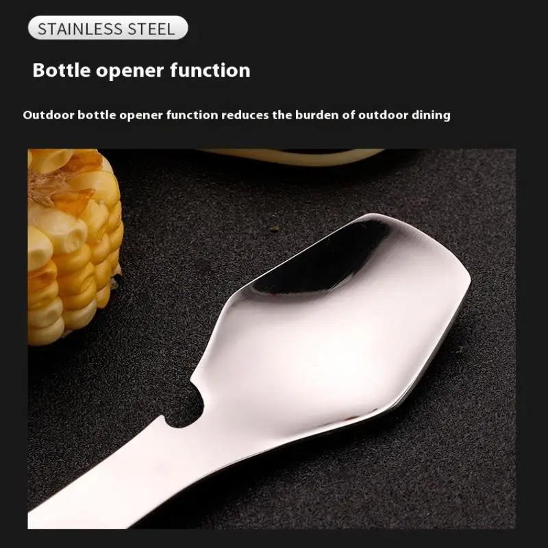 เดินป่าปิคนิคกลางแจ้งมัลติฟังก์ชั่นแบบพกพาสแตนเลสสตีลสปอร์คช้อนช้อนส้อมที่เปิดขวดช้อน