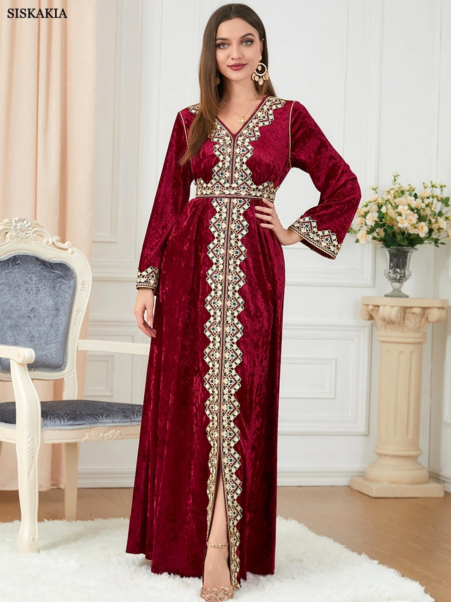 Muslim Abaya Dress Dubai Floral Embroidery Belted Turkey Moroccan Caftan Luxury Velvet Robe Women\'s Dresses Free Shipping