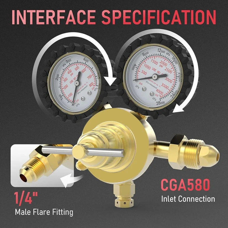 Nitrogen Regulator+Hose,0-800 PSI And 0-4000PSI Output Pressure,CGA580 Inlet Connection And 1/4In Male Flare Fitting