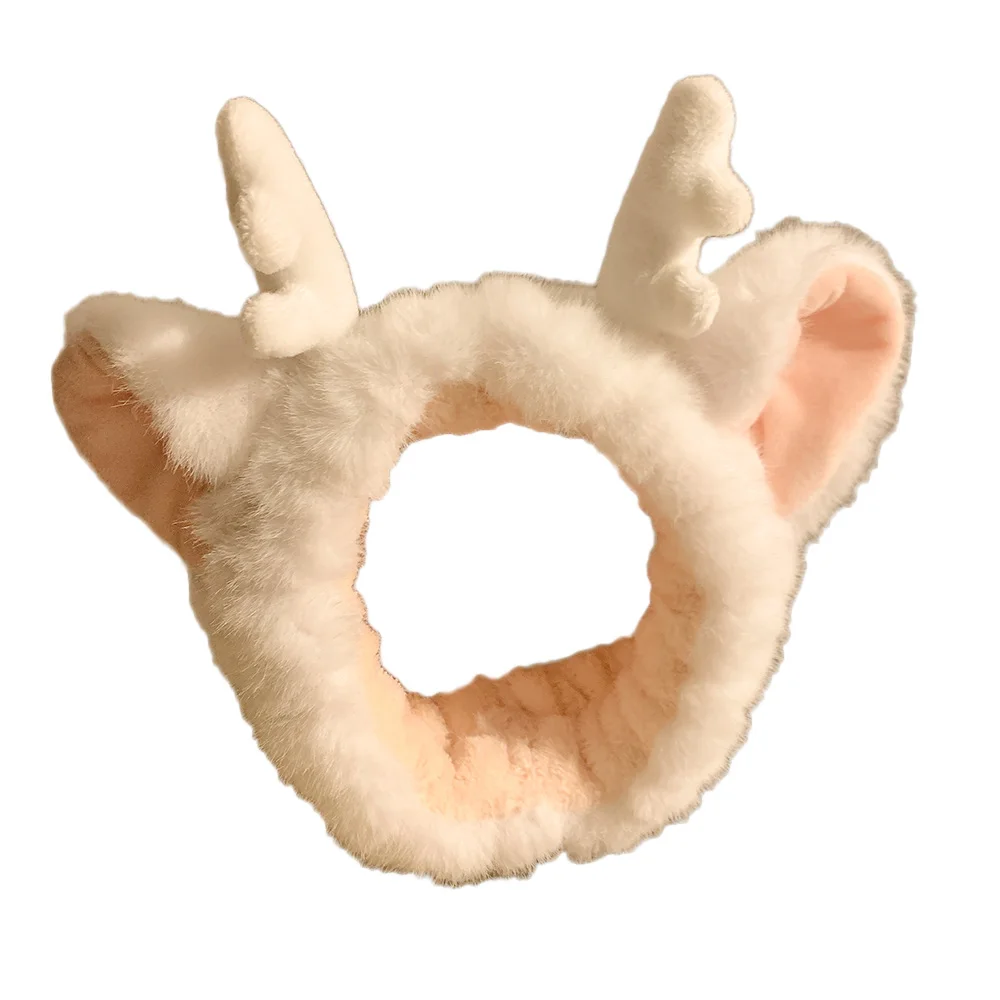 Antler Ears Headband for Women Soft Warm Coral Fleece Hairbands Wash Face Makeup Bath Head Wrap Hair Accessories