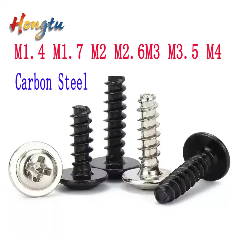 

M1.4 -M4 Cross Round Phillips Pan Head With Washer Flat Tail Self Tapping Screws Nickel Plated/Black Carbon Steel