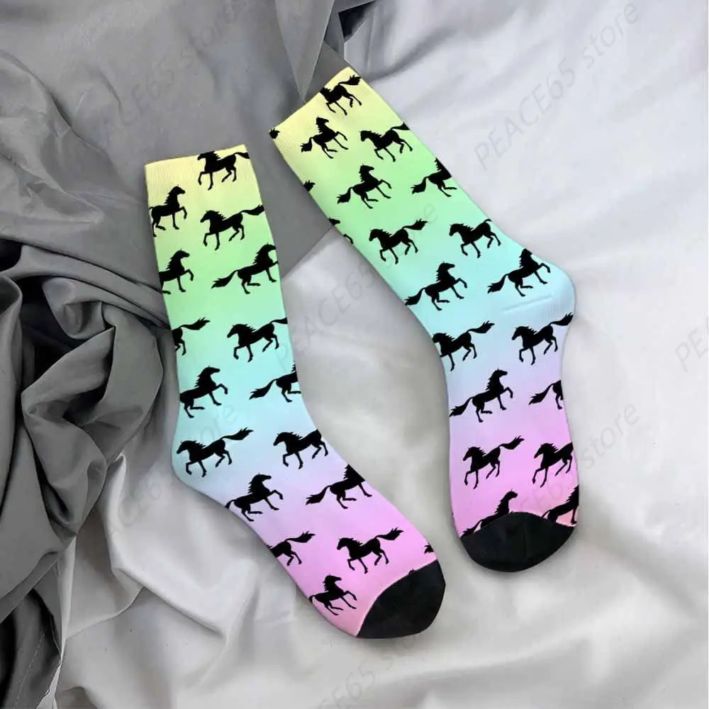 

Mens Socks Horse Running Style Funny Novelty Crazy Crew Socks Rainbow Gradient Background Socks For Women Gifts Dress Socks