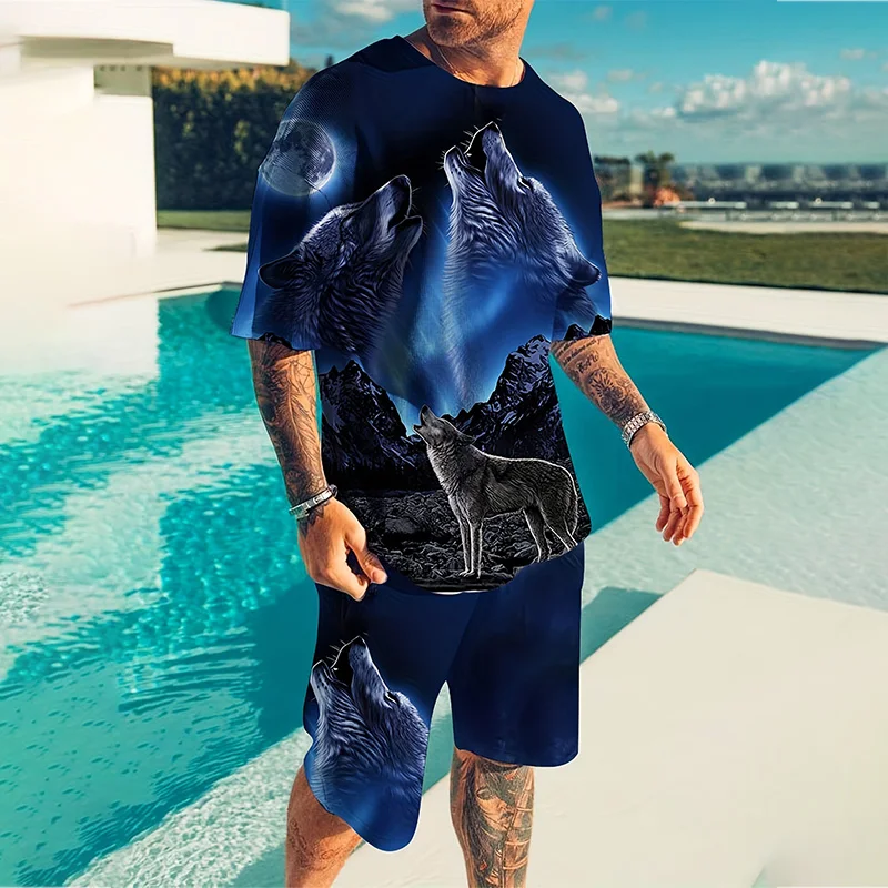 2024 New Men\'s Suit Summer Casual Breathable Refreshing Suit Printed 3D Wolf Oversized Men\'s Loose Top Fashion Short Sleeves