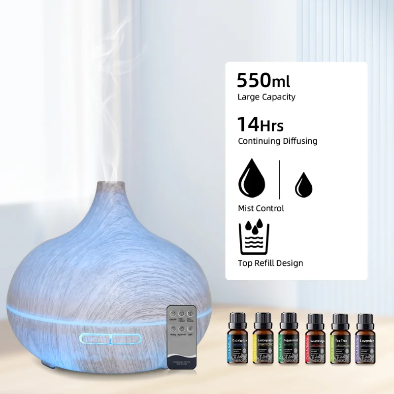 موزع روائح العلاج العطري من الخشب الحبوب 550 مل، مرطب بالموجات فوق الصوتية مع جهاز تحكم عن بعد و6 زيوت، صامت للاسترخاء والنوم