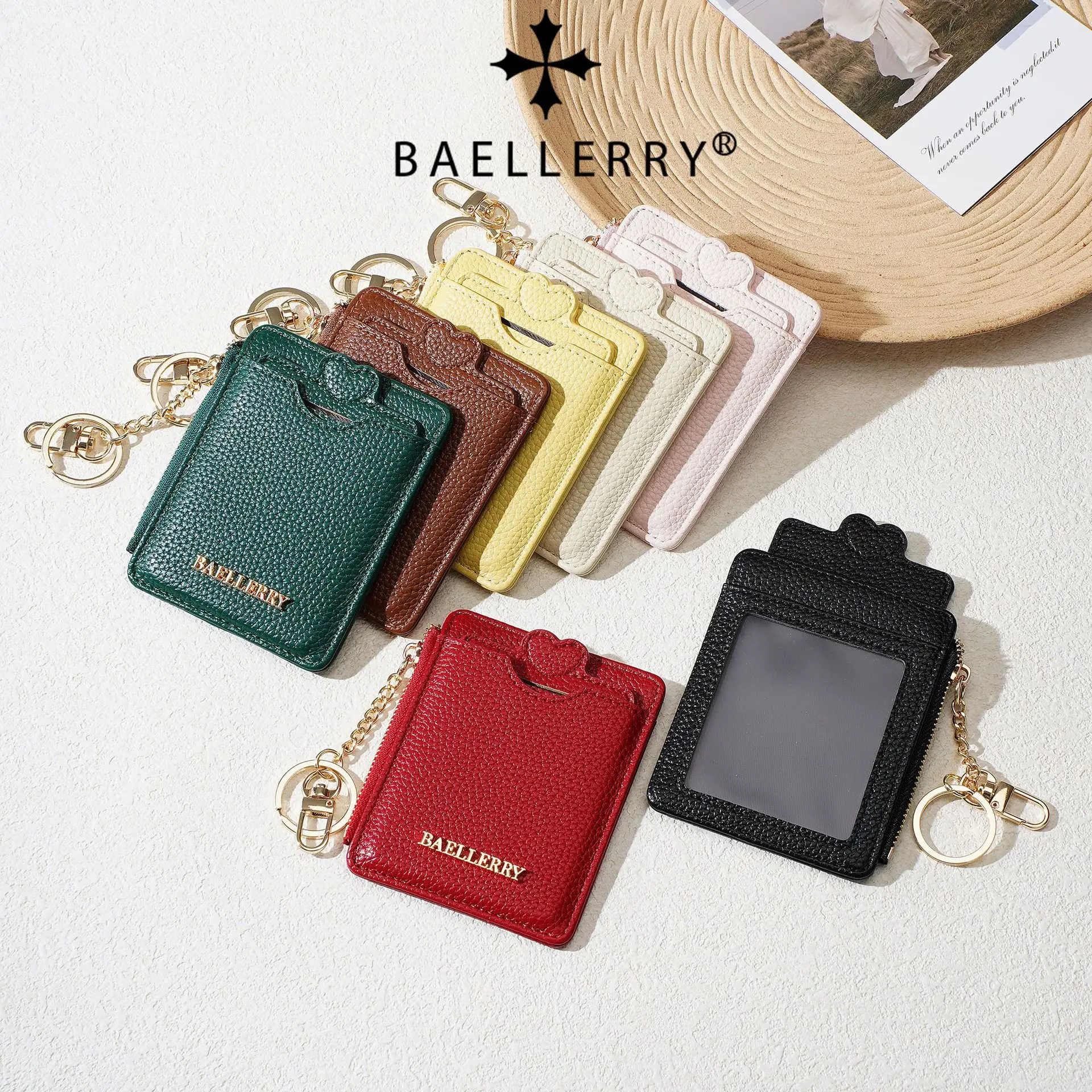 BAELLERRY Portable ID Badge Card Holder PU Leather Multi Card Slots Wallet Keychain Zipper Coin Purse Transparent Window Card