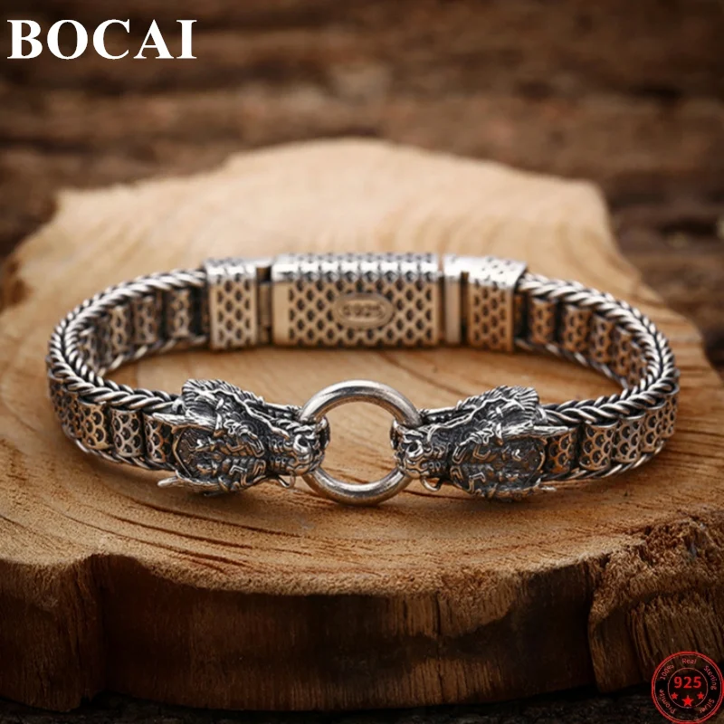 BOCAI S925 Sterling Silver Bracelets for Men New Fashion Double Dragon Head Dragon-scale Pattern Punk Jewelry Free Shipping