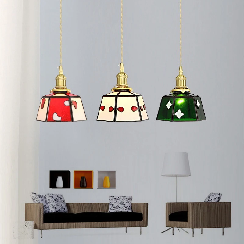 Hand Welded Colorful Glass Pendant Light Brass LED Hanging Lamp with Switch Home Indoor Bedroom Bedside Restaurant Cafe Showcase