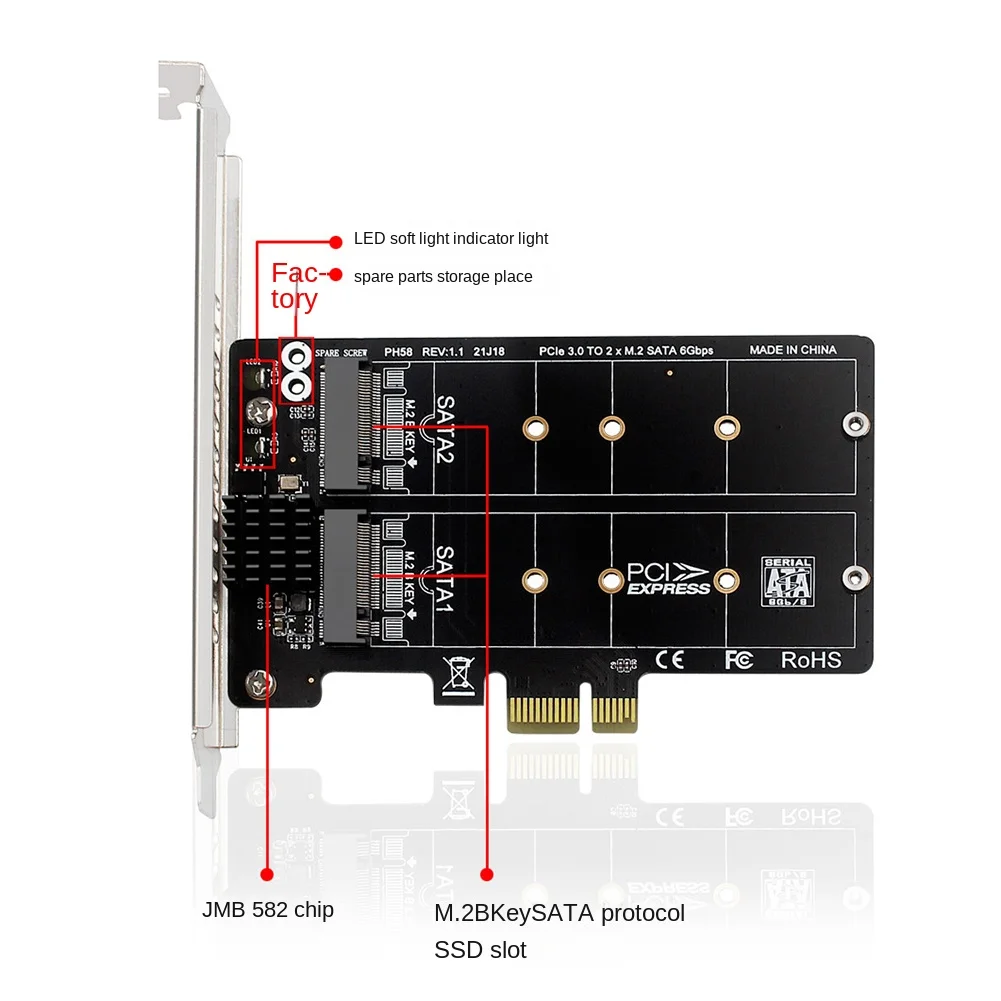 NewABNR PH58 2 x M2 SATA to PCIE Adapter Card Double Disc Display Card RAID Splitter Expansion Card PCIe X1 to NGFF M2 SATA SSD