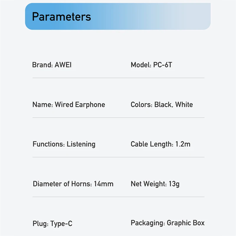Awei PC-6T C 타입 유선 헤드폰 인이어 헤드셋, 마이크 볼륨 조절 유선 이어폰, 모든 휴대폰과 호환