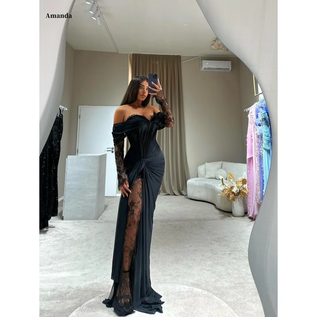 

Amanda Customized Black Off Shoulder Lace Long Sleeve Prom Dress Ruched High Slit Mesh Maxi Gown Formal Evening Elegant 2025