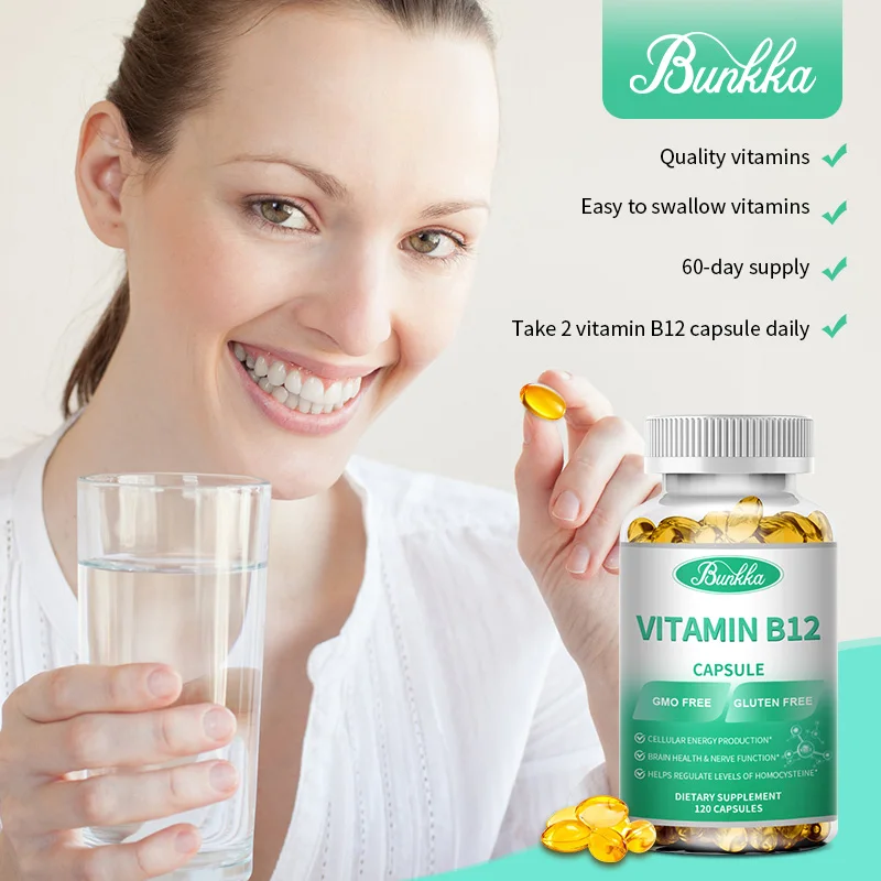 BUNKKA Cápsula de vitamina B12 para la salud del cerebro y la función de los nervios, homocisteína, conversión de energía alimentaria celular, salud de las células sanguíneos, 500mcg