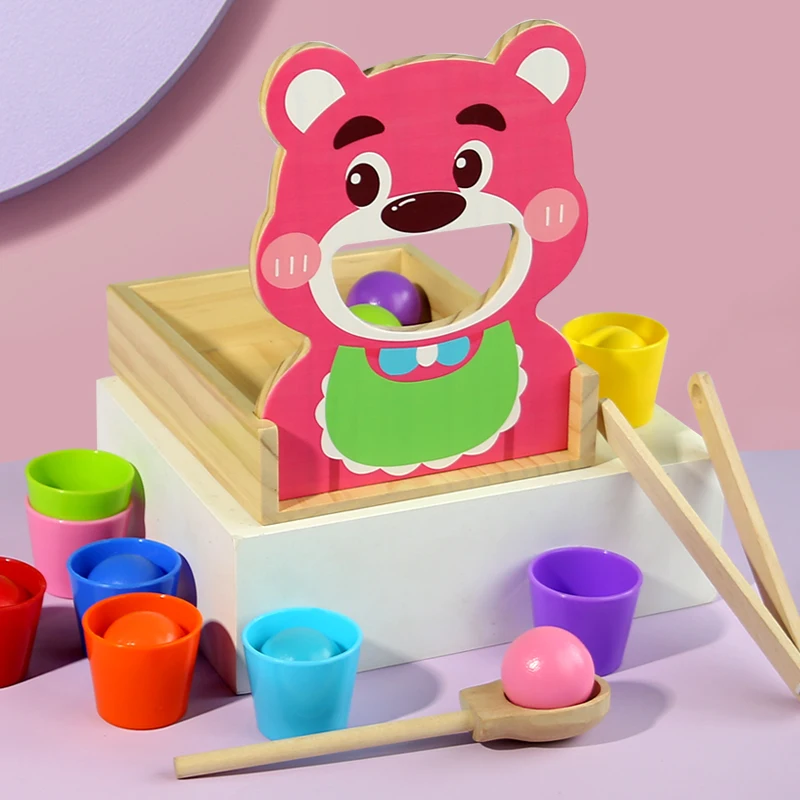 

Имитация медведя, игра Монтессори, деревянная игрушка, ложка, обучающая игрушка для раннего образования, цветная классификация, чашка, штабелирование