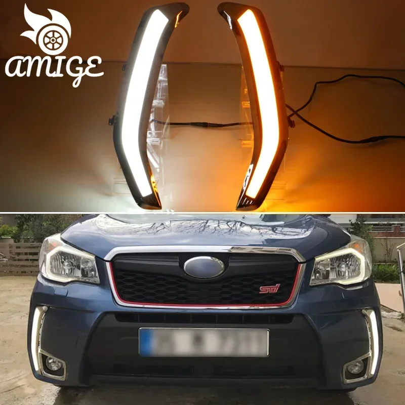 

12V LED DRL Daytime Running Light For Subaru Forester 2013 2014 - 2018 Yellow Turn Signal Daylights LED Headlight Bumper lamps