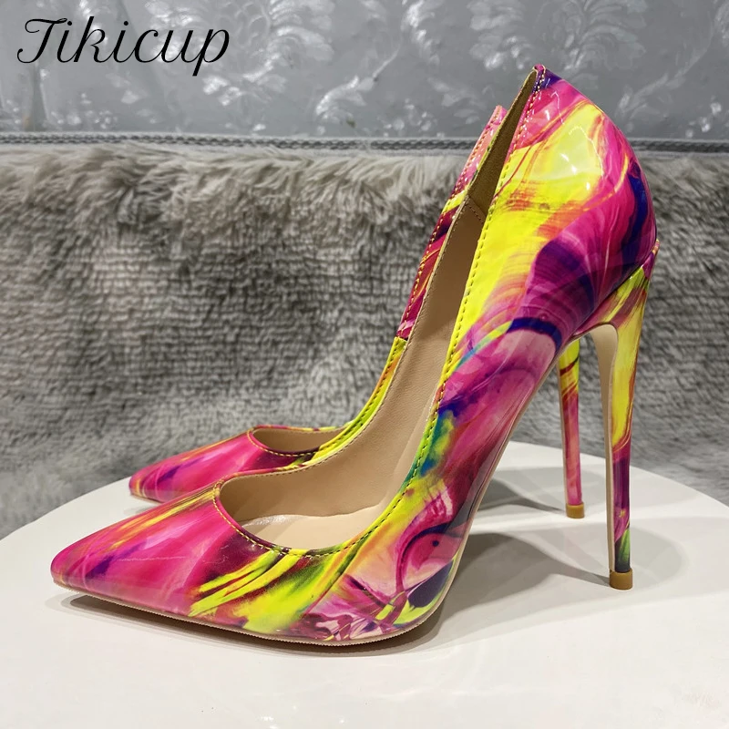 Tikicup Floral Print Women Colorful Pointy Toe High Heel Shoes 80 100 120 Spanish Style Sexy Stiletto Pumps Plus Size 33-45