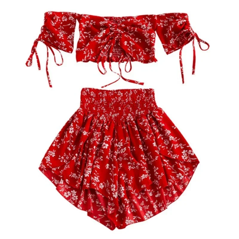 Conjunto de dos piezas con estampado de gasa para mujer, Top de manga corta independiente y pantalones cortos de cintura alta, traje bohemio Sexy sin tirantes, moda de verano