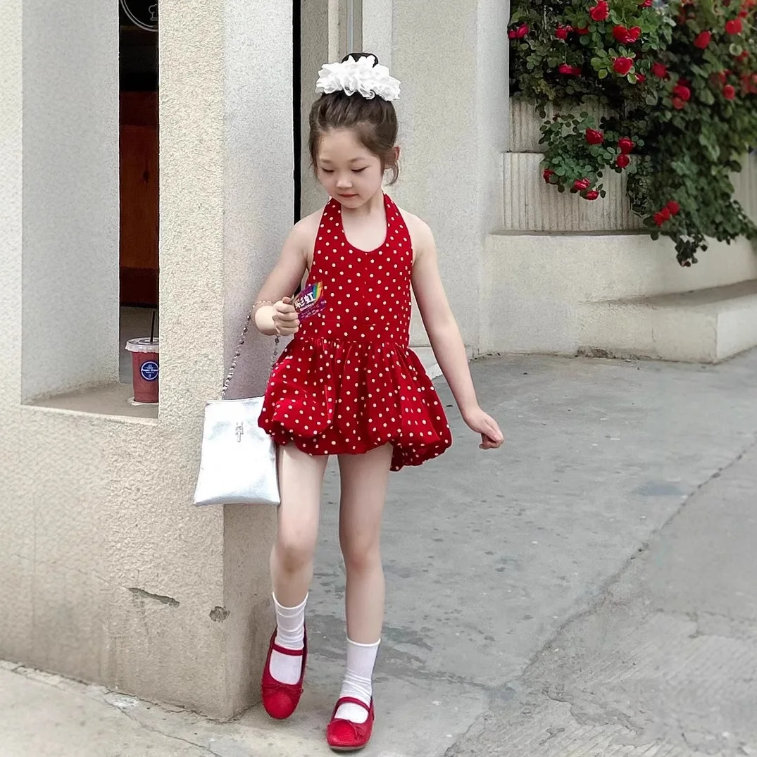 

Girls Bud Fluffy Lotus Leaf Edge Polka Dot Vest Skirt Spice Girl Style Dress Sleeveless Neck Vest Skirt