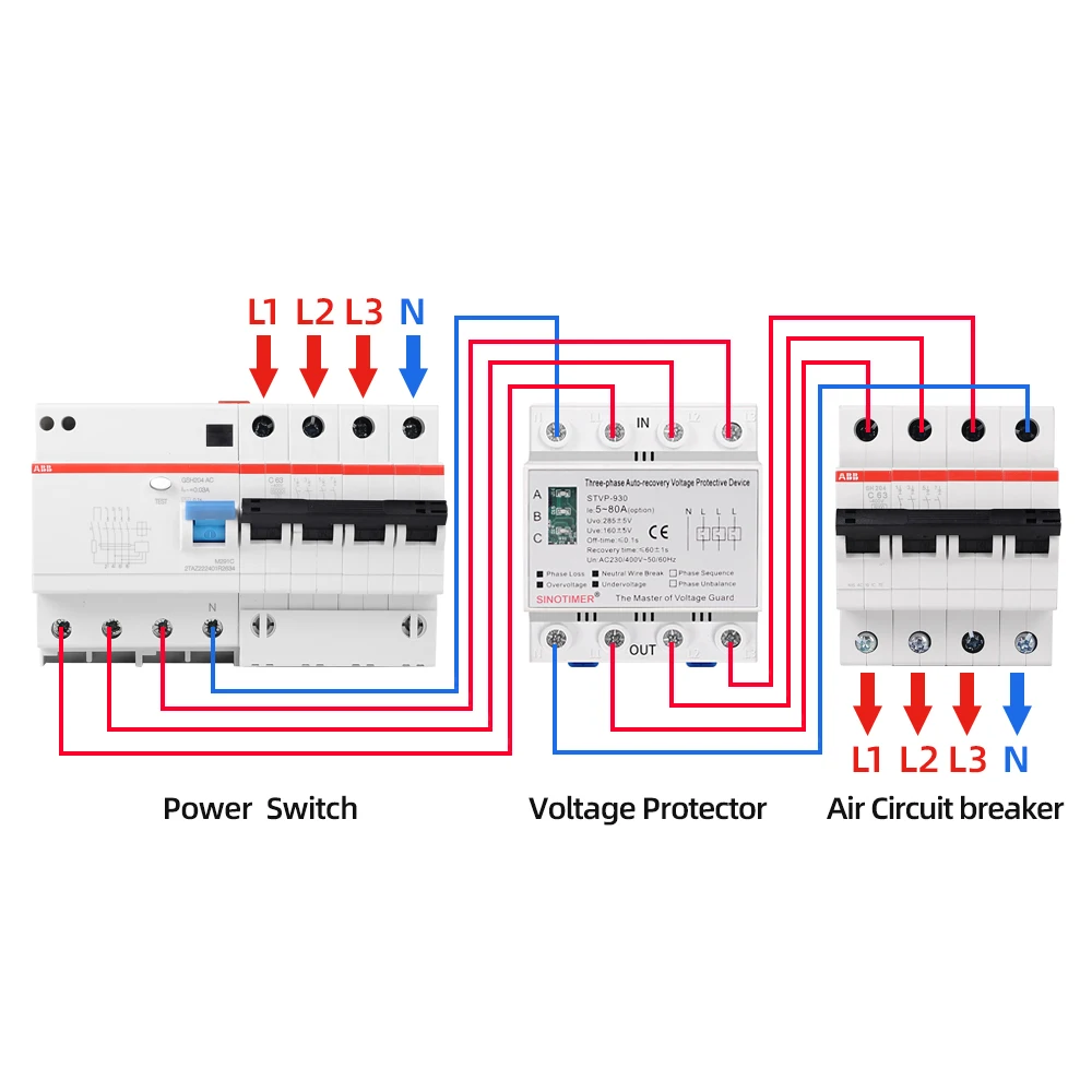 Din Rail Adjustable AC 380V 3 Phase Over and Under Voltage Protector Relays Voltmeter Monitors Phase Sequence Failure Protection