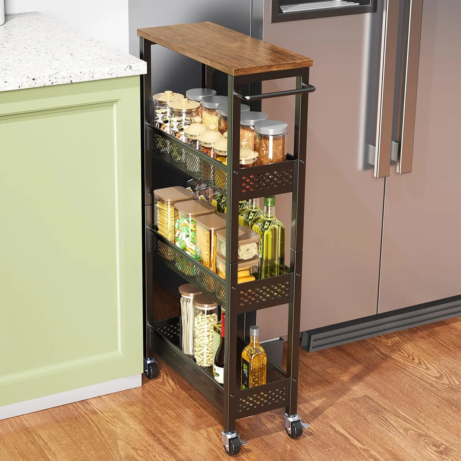 

4-Tier Slim Rolling Cart with Wooden Top for Kitchen, Bathroom & Laundry Storage in Small Spaces
