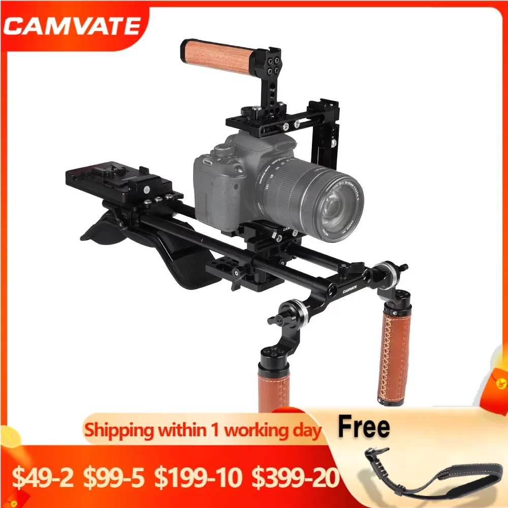 

CAMVATE Pro Shoulder Mount Rig + Camera Half Cage With Manfrotto Quick Release Plate + V Mount Power Splitter For DSLR Camera