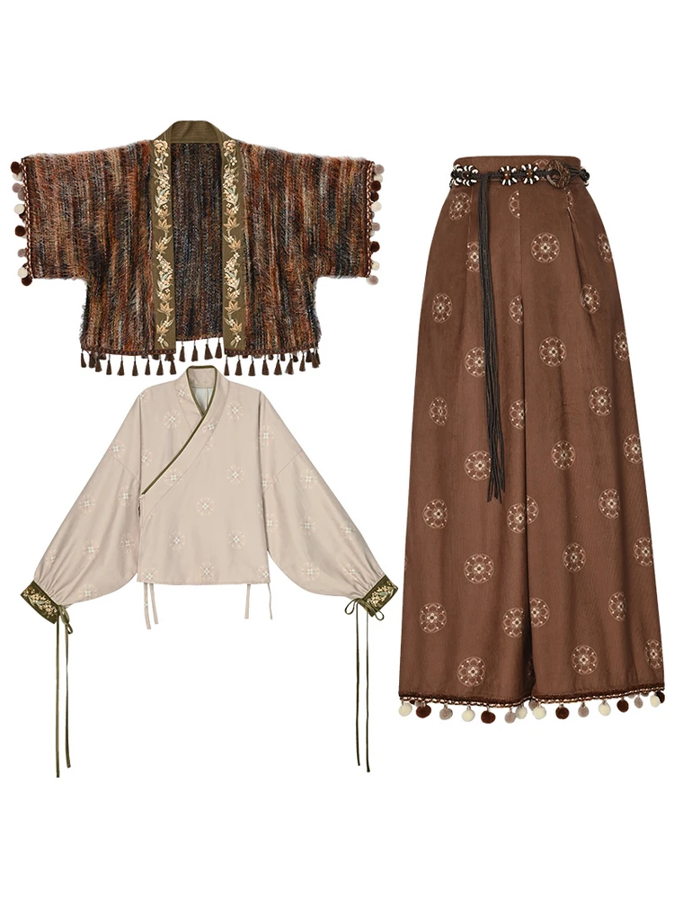 Bohemian Ethnic Style Fashion Set Original Design Spring Autumn Women's Clothing High Waist Long Pants V-Neck Short Sleeve