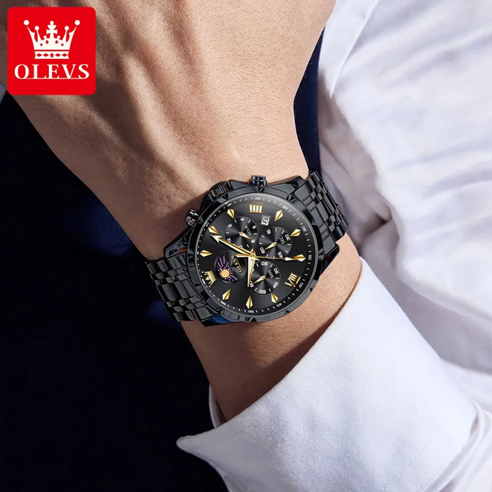

Мужские часы OLEVS, лучшие брендовые роскошные модные часы из нержавеющей стали, оригинальные кварцевые наручные часы для мужчин, хронограф, фазы Луны, дата, 3653