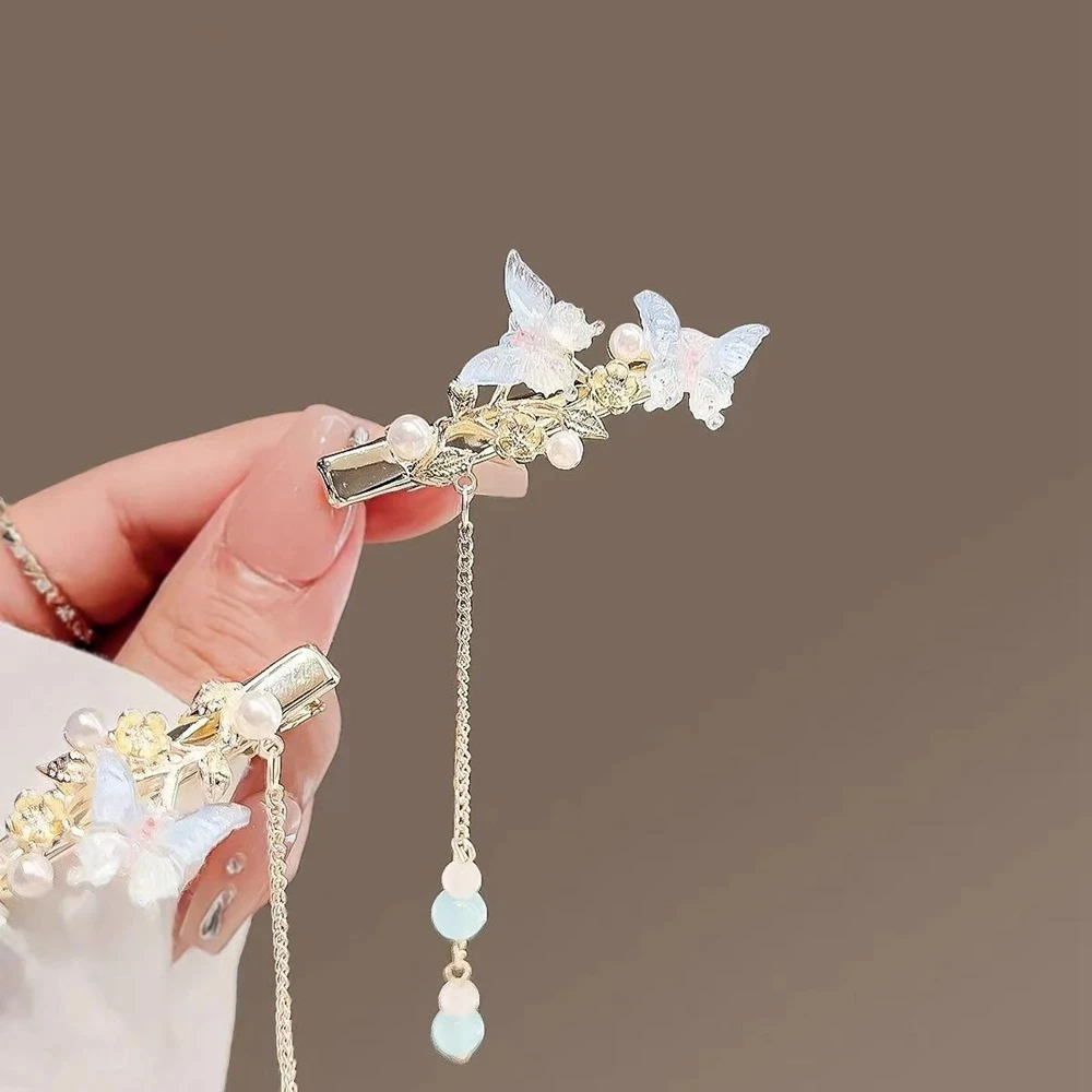 دبابيس شعر رائعة على شكل فراشة لؤلؤية الجزء الخلفي من الرأس، مشابك شعر على شكل شرابة، إكسسوارات شعر حلوة للنساء والفتيات