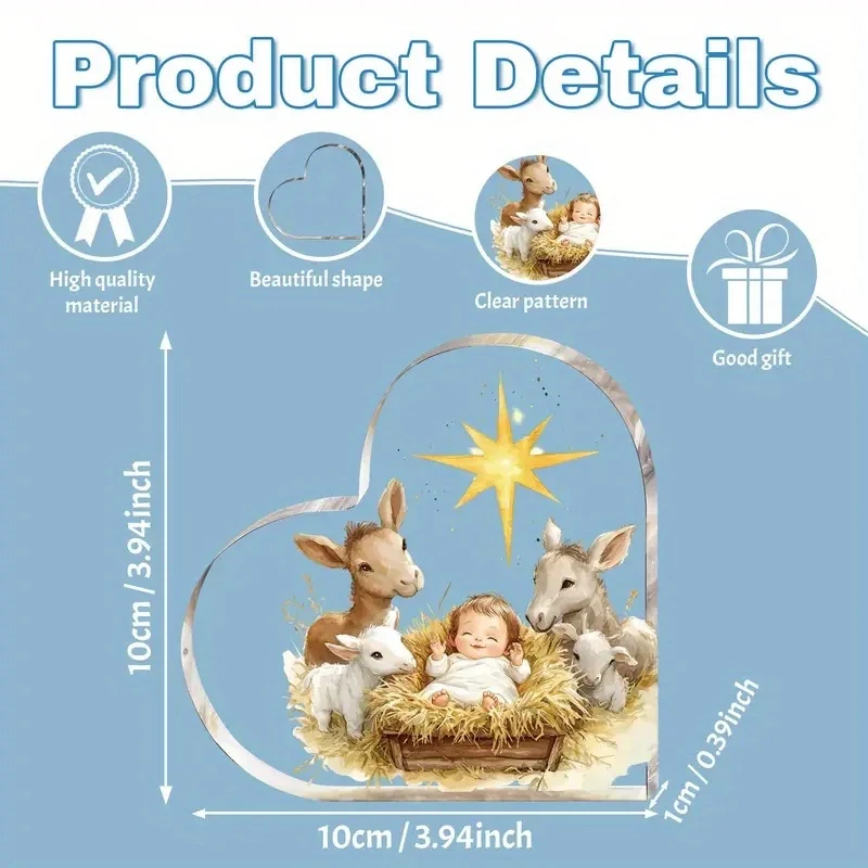 2D Nativity Heart Ornament - Golden Star Religious Gift for Easter & Christmas Decor